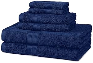 Amazon Basics 6 Piece Oversized Fade resistant Towel set, 100% Cotton towels for bathroom, soft and absorbent, 2 Bath Towels, 2 Hand Towels and 2 Washcloths bathroom towel set, Navy Blue
