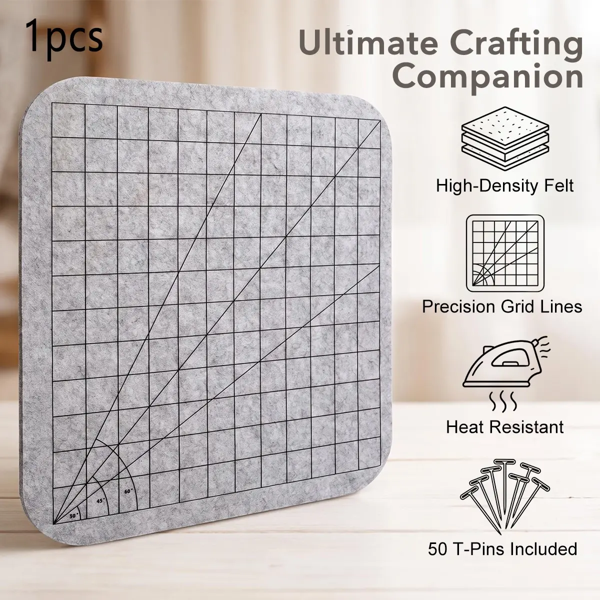 12"×12" Felt Blocking Mat with Grid Lines, Quilting & Knitting Pinning Board, Wool Felt Pressing Pad for Patchwork, Crochet & Handmade Craft Projects