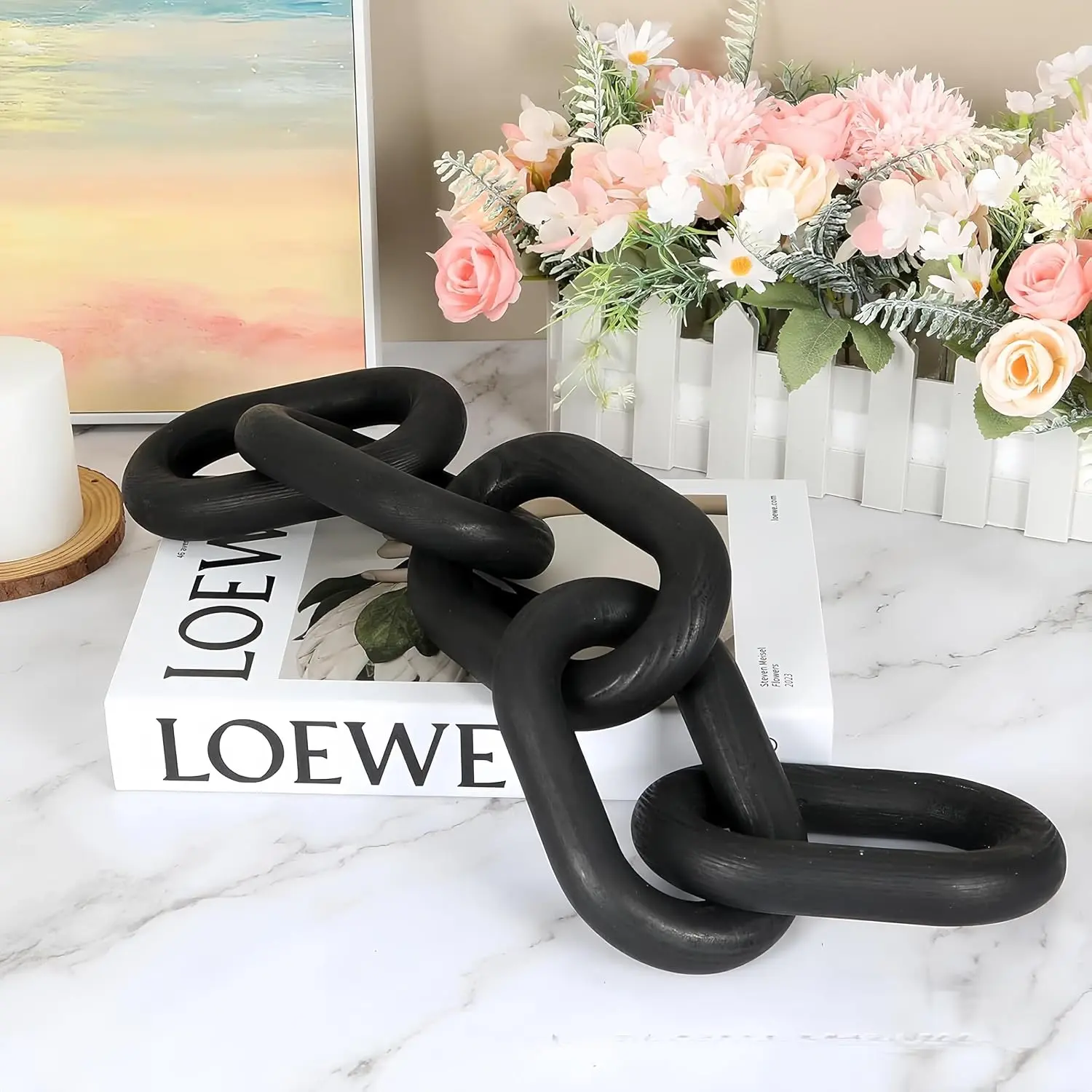 Wooden Decorative Chain Link Ornament Black Hanging Home Decor Rustic Farmhouse Decor for Coffee Table Black Table Decor and Wood Home Decor Chain Decorative Tray