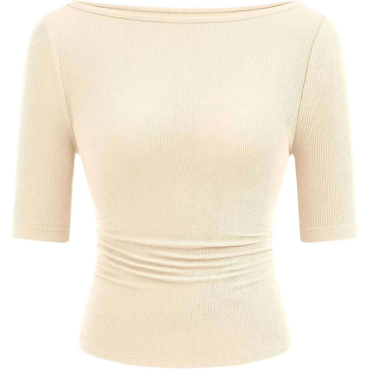 Women's Boat Neck Ribbed Top, Spring Summer Casual Short Sleeve Solid T-Shirt, Slim Flattering Fit Shirts for Women, Basic, Tshirt, Casual Fashion Knit, Knit Clothing, Lady, Machine Wash, Basic Cut, Wardrobe Staples, Knit Tube Top Women's T-Shirts