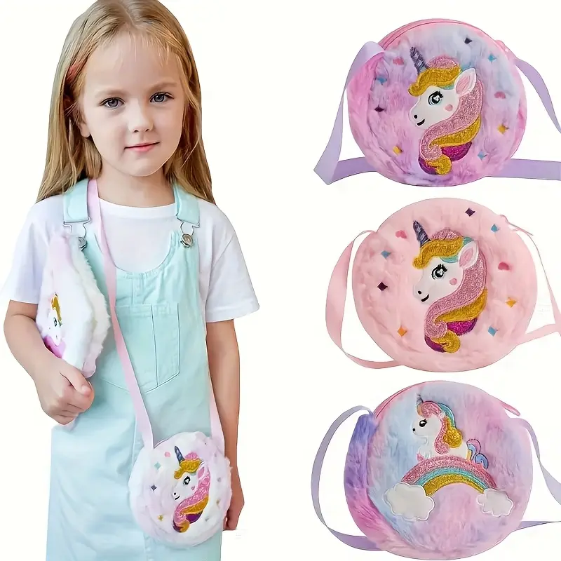 Unicorn Round Plush Single-Shoulder Bag, Cute Girly Daily Wear Crossbody Bag, Plush Bag, Cute Coin Purse