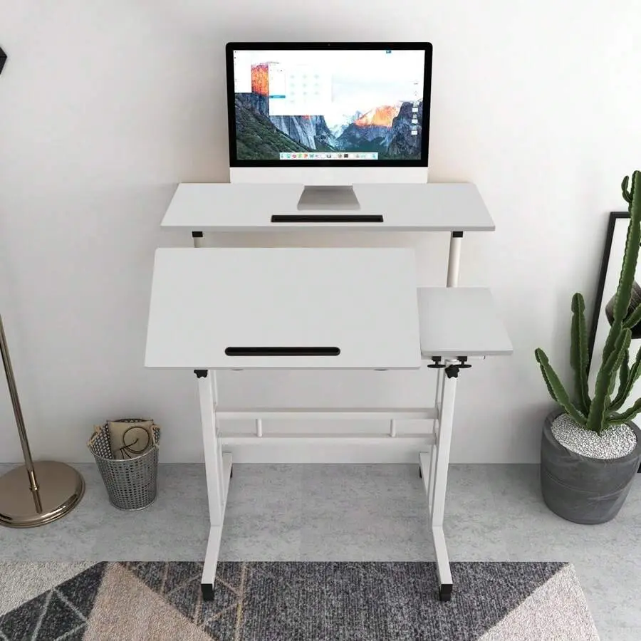 Liftable Computer Desk, Wooden Desk With Wheels Mobile, Free Height Adjustment, White