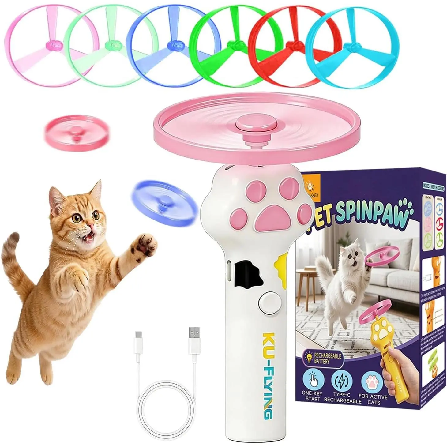 Fetch , 2026 Upgraded Automatic Flying Disc Launcher with 6  Discs (3 Glow-in-Dark), 30m Range USB-C Rechargeable, Interactive   to Keep Bored Indoor Cats  & Entertained