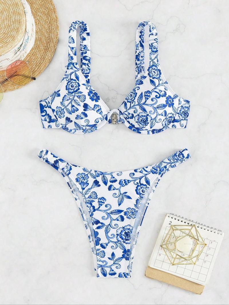 Women's 2pcs Floral Print Bikinis Set, Push Up Swim Bra & High Cut Swim Bottom, Fashion Chic Swimwear for Summer Beach Holiday Vacation, Push Up Swimsuit
