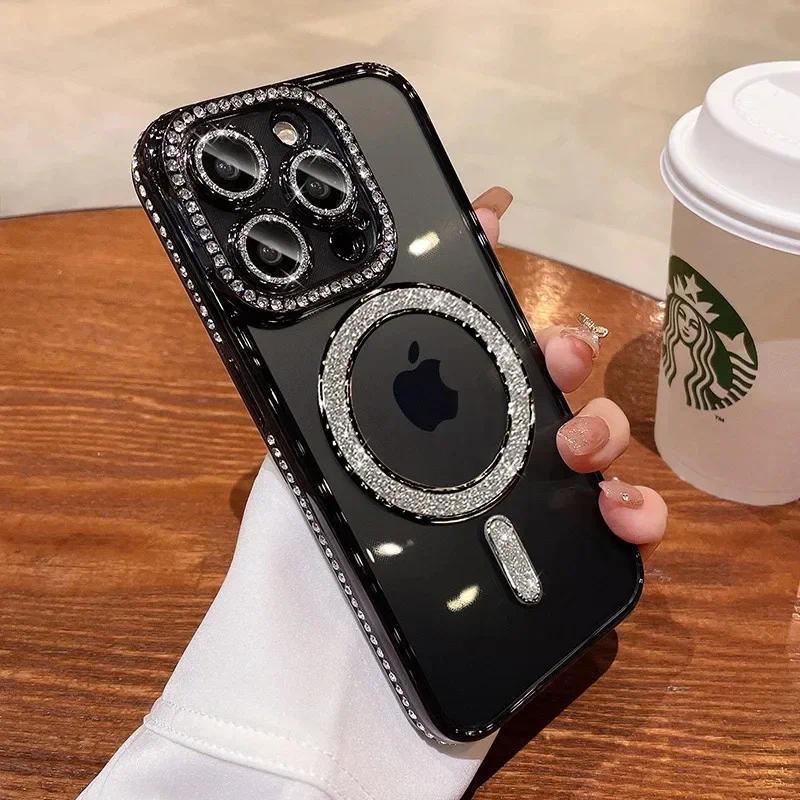 Luxury Bling Crystal Lens Film Phone Case For iPhone 15 11 12 13 14 Pro Max Plus Magsafe Magnetic Wireless Charging Clear Cover