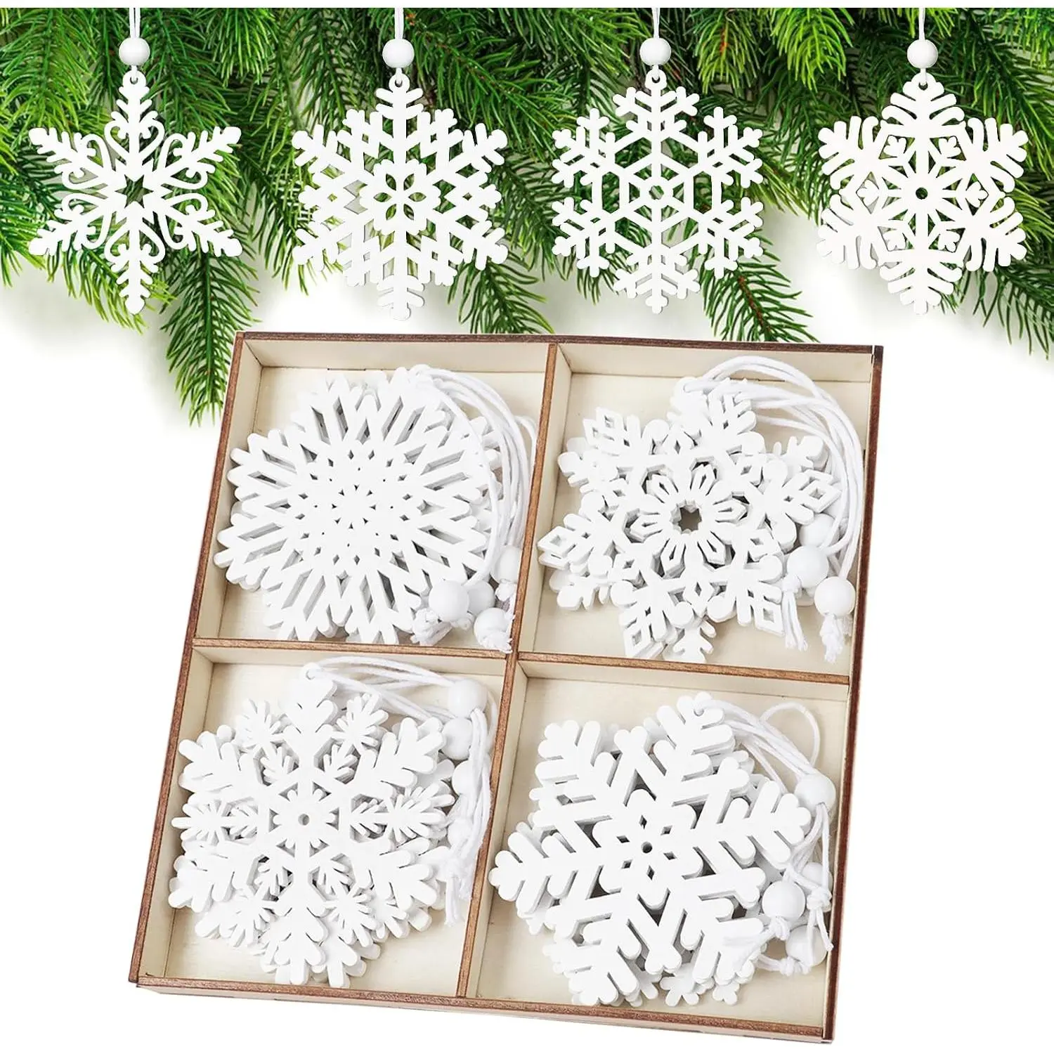 16 count White Wooden Snowflakes Ornaments Christmas Decoration | 8 Styles 3-inch  Snowflake with Twine for Craft and Winter  Tree Garland  Decoration