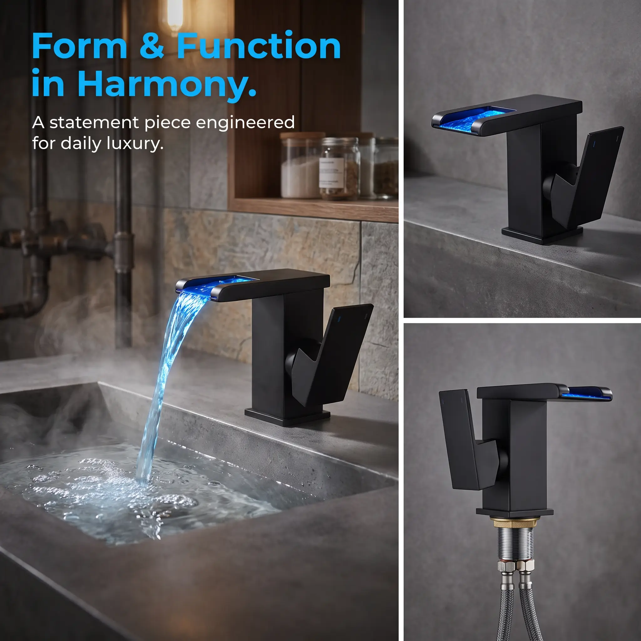 Black Stainless Steel LED Waterfall Bathroom Faucet, Single Handle Single Hole Vanity Faucet, 3-Color Temperature Sensitive Light for Bathroom & RV Sinks