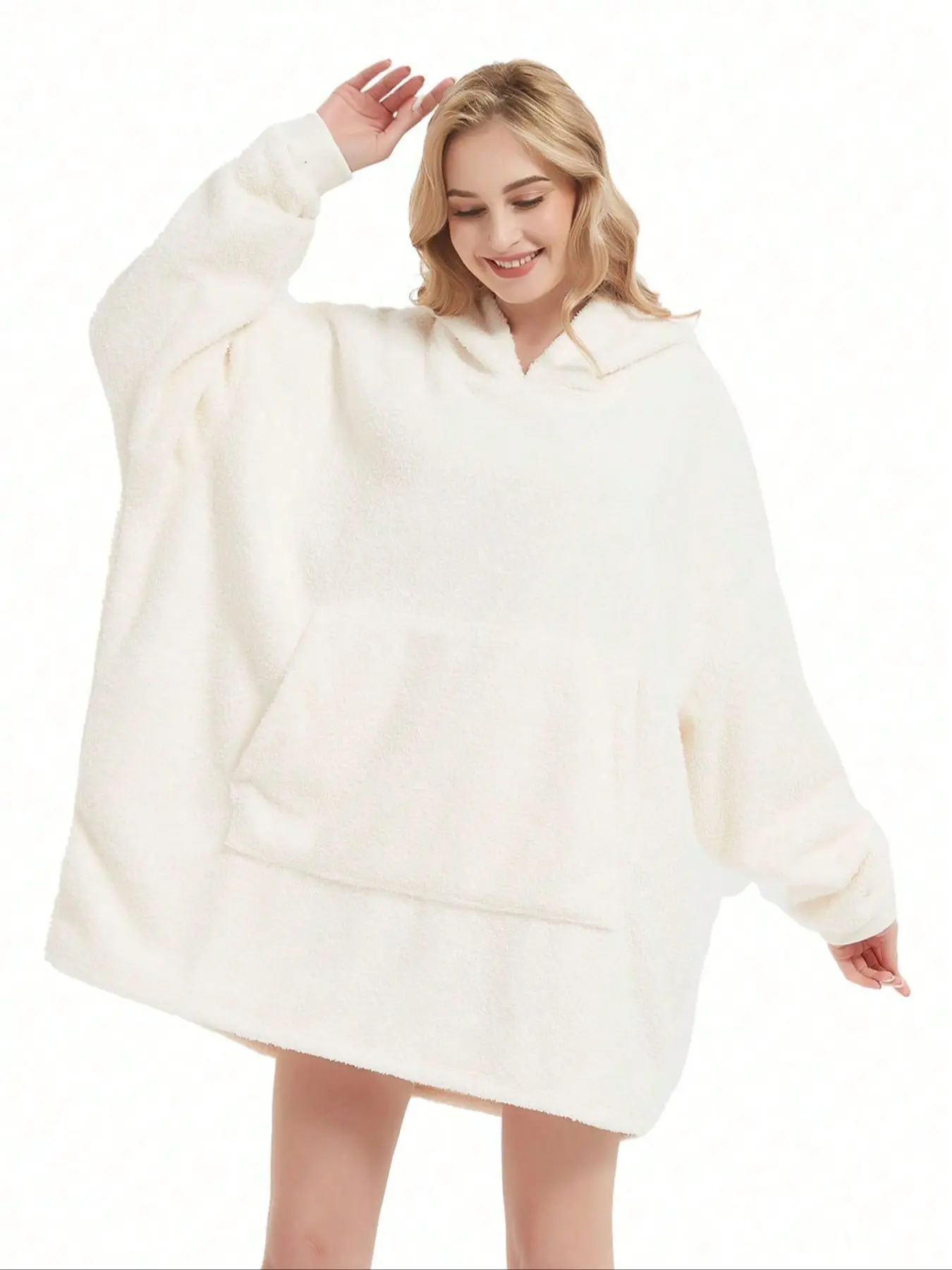 Women's Long Plush Hoodie with Pocket, Long Sleeves, Comfortable Loose Fit Medium-Length Autumn Winter Fleece Jacket, Casual Woven Fabric
