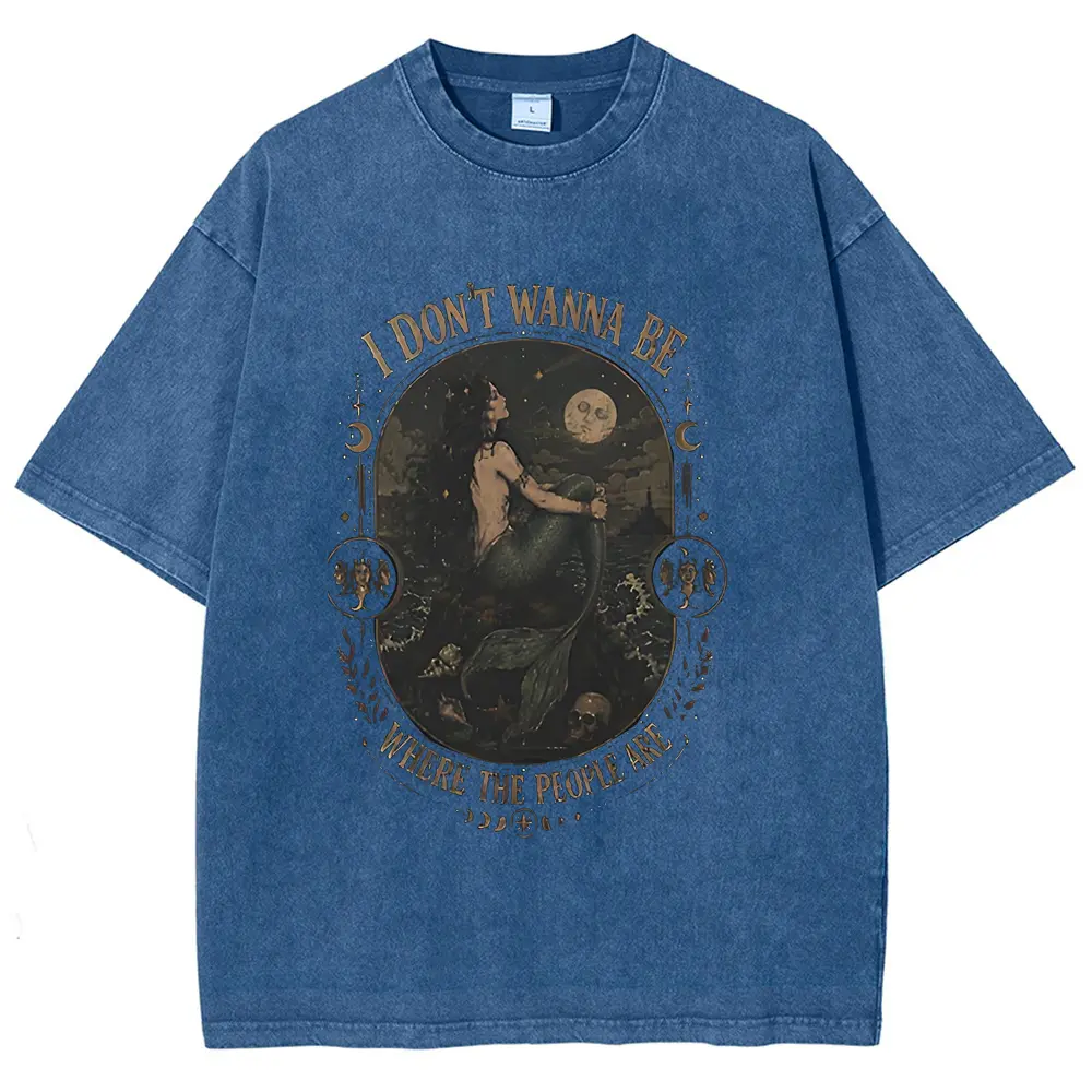 Vintage Acid Wash Oversized Cotton T-Shirt for Women, Dark Gothic Mermaid Quote Graphic Tee, Dark Academia Mystical Ocean Casual Short Sleeve Crewneck Top