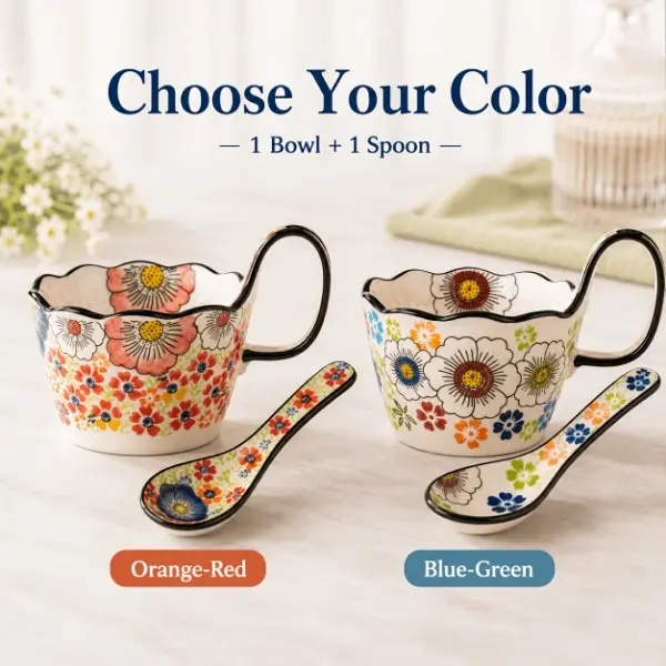 LDQ Japanese Design Durable Ceramic Tableware Bowl Set with Handle & Spoon, Hand-Painted Floral Motif, 16Oz Microwave-Safe Home Supplies for Soups & Salads