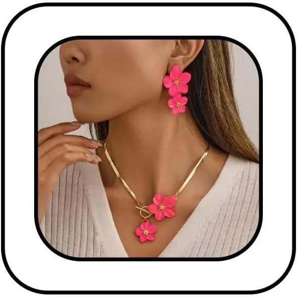Hot   Set for Women White Flower Necklace Earrings Set  Statement Flower Necklace Hot  Dangle Drop Earrings Boho Foral Wedding  Sets Trendy