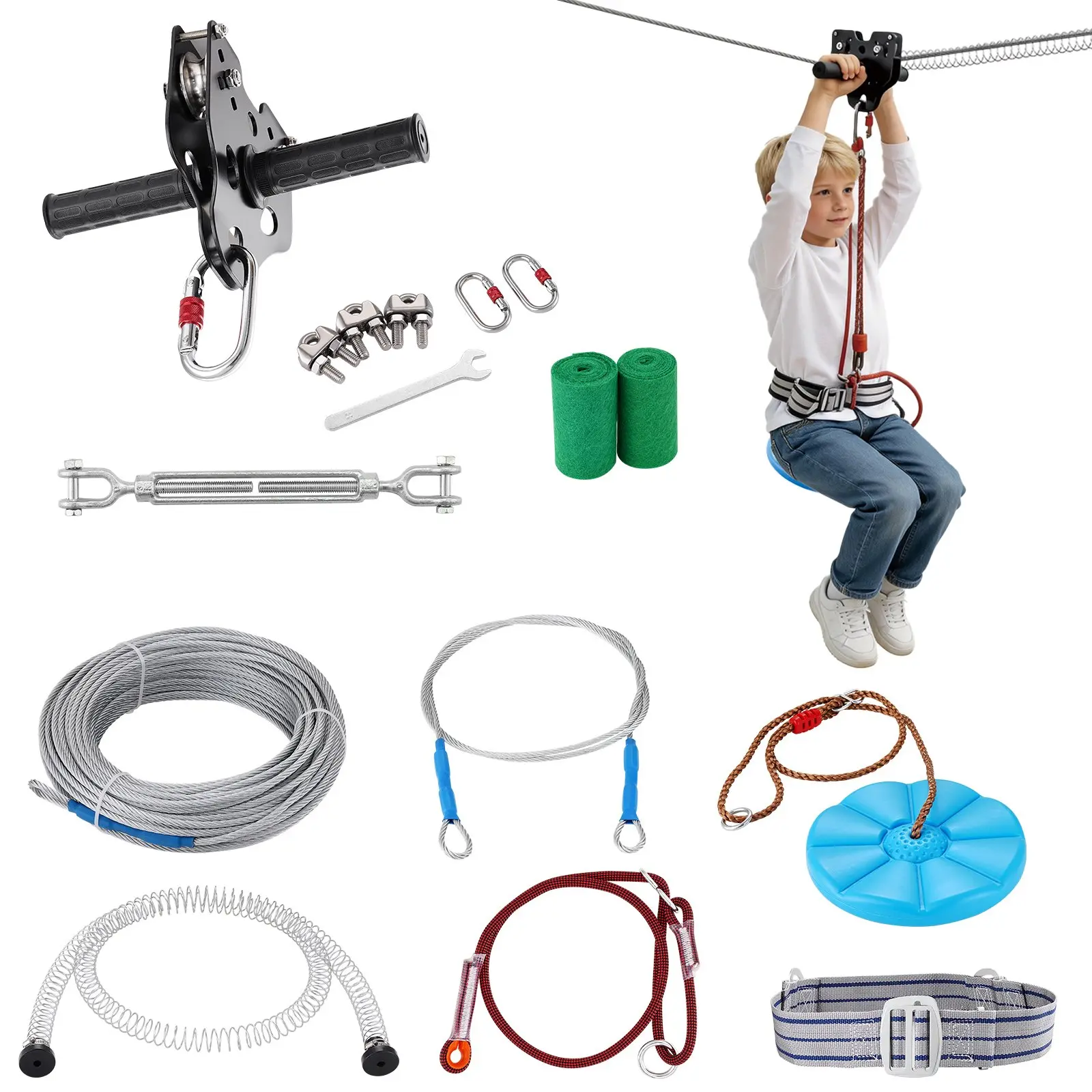 【DealsForYouDays】VEVOR Zipline Kit for Kids and Adult, 120 ft Zip Line Kits Up to 500 lb, Backyard Outdoor Quick Setup Zipline, Playground Entertainment with Stainless Steel Zipline, Spring Brake, Safety Harness, Seat