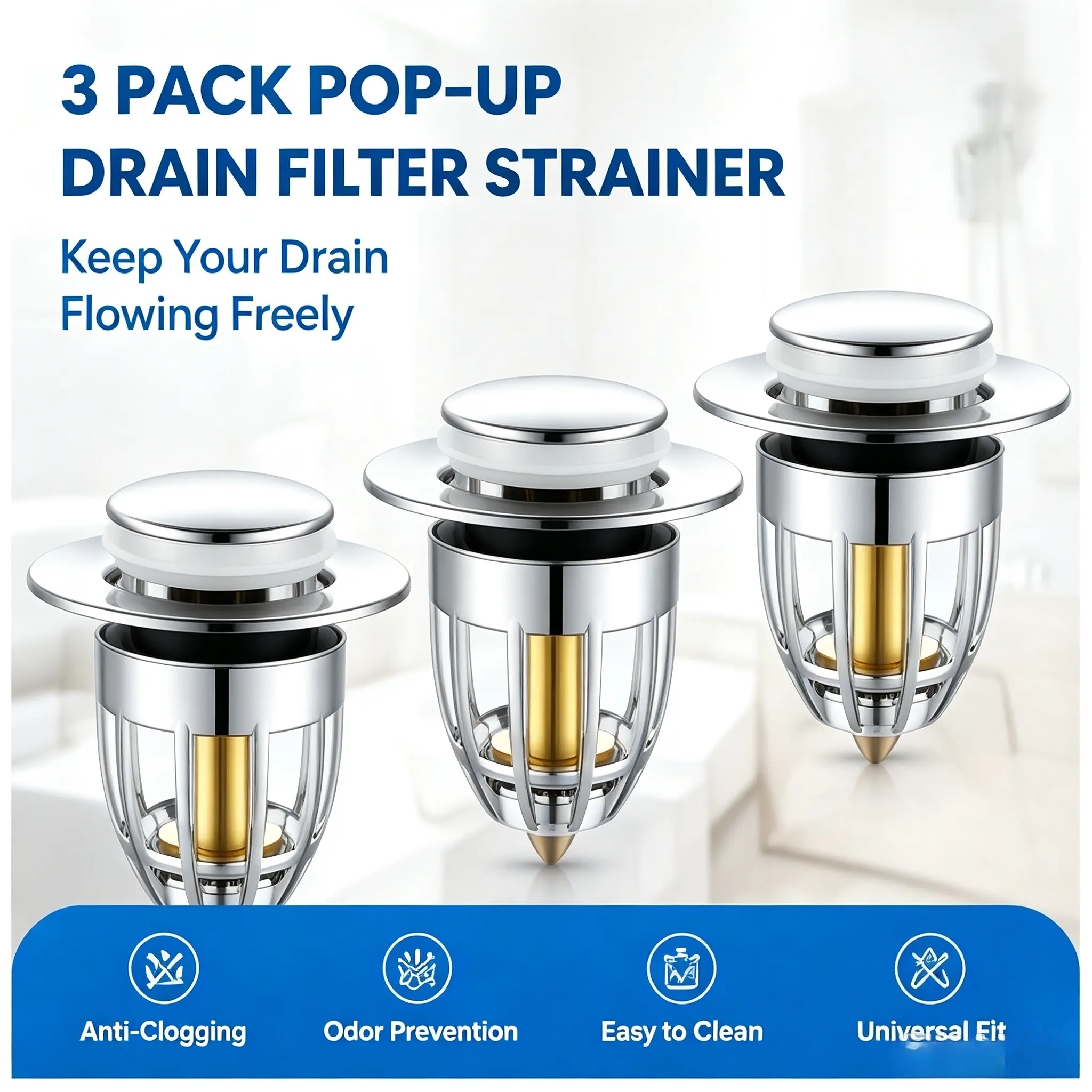 3 Pack Sink and Tub Drain Stopper, Leakproof Bathroom Drain Plug Cover with Odor Blocking Seal, Universal Snap-In Shower Drain Protector, Rustproof Finish for Bathroom, Bathtub and Kitchen Use