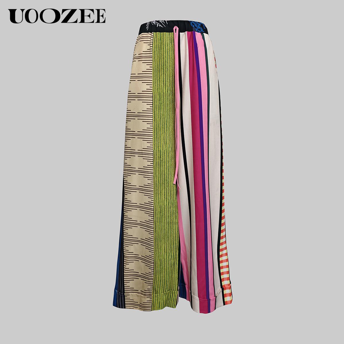 UOOZEE Women's 2026 New Spring Autumn Striped Printed Pockets Wide Leg Pants New Fashion Contrast Color Drawstring High Waisted Loose Streetwear Trousers (Smaller Waist  Fit - Check Size Guide or Order One Size Larger) Boho Casual Bottoms Colorful