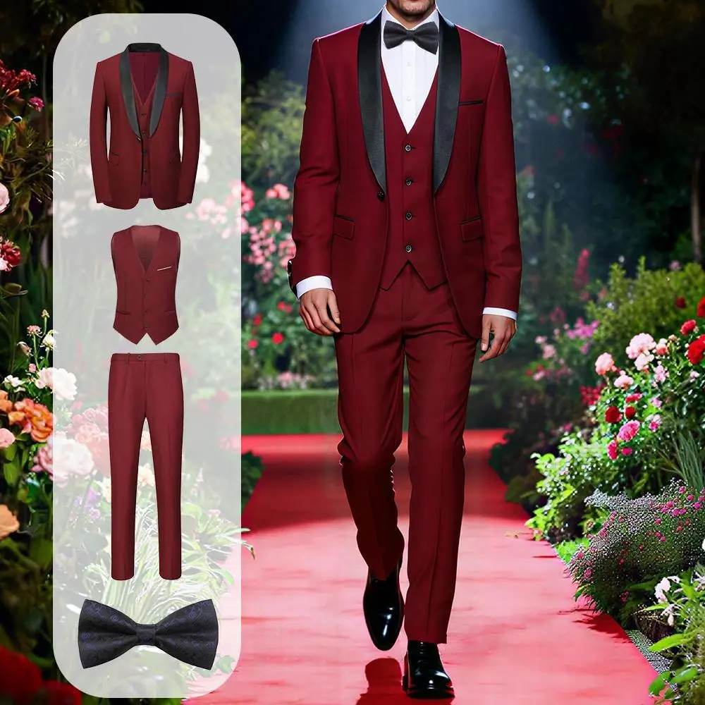 Men's 4-Piece Fitted Classic Satin Shawl Lapel Tuxedo Suit Set - Polyester Formal Wear, Long Sleeve Black Blazer with Pockets & Buttons, V-Neck Vest, Solid Straight Pants, Navy Blue Bow Tie, Burgundy Gentleman Plain Smooth Menswear Outfit Set, Fabric, Fla