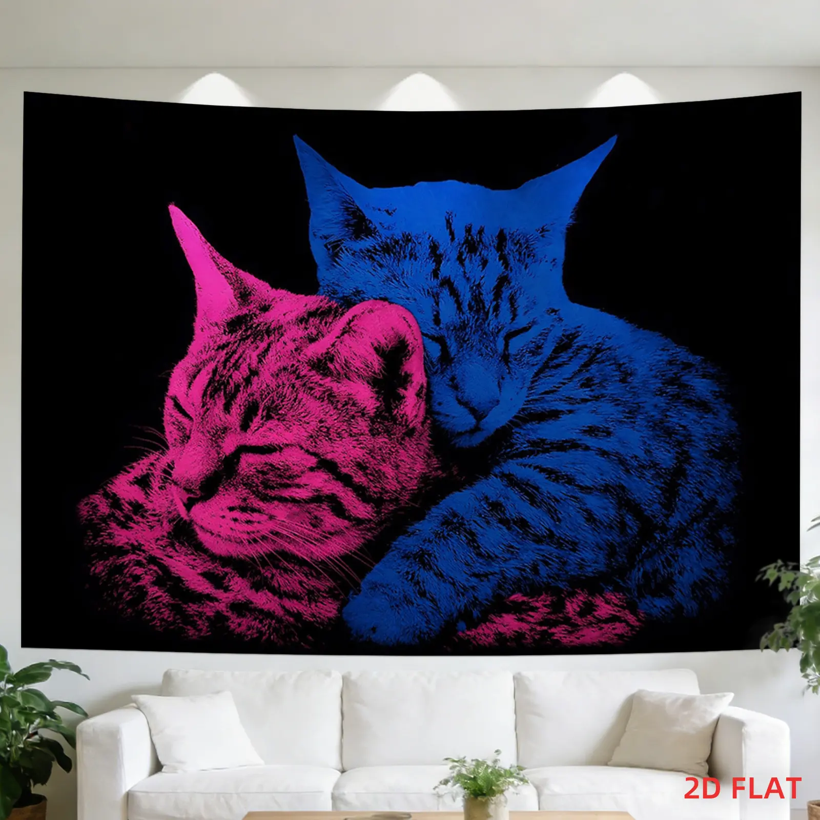 Neon Cyberpunk Tapestry Wall Hanging with Pink & Blue Cuddling Cats on Dark Background, Moody Aesthetic Room Decor for Dorm, Bedroom, Meditation Space, Party Vibe Backdrop, Non-Glare 2D Flat Print, Glow-Visual Psychedelic Gift for Teens