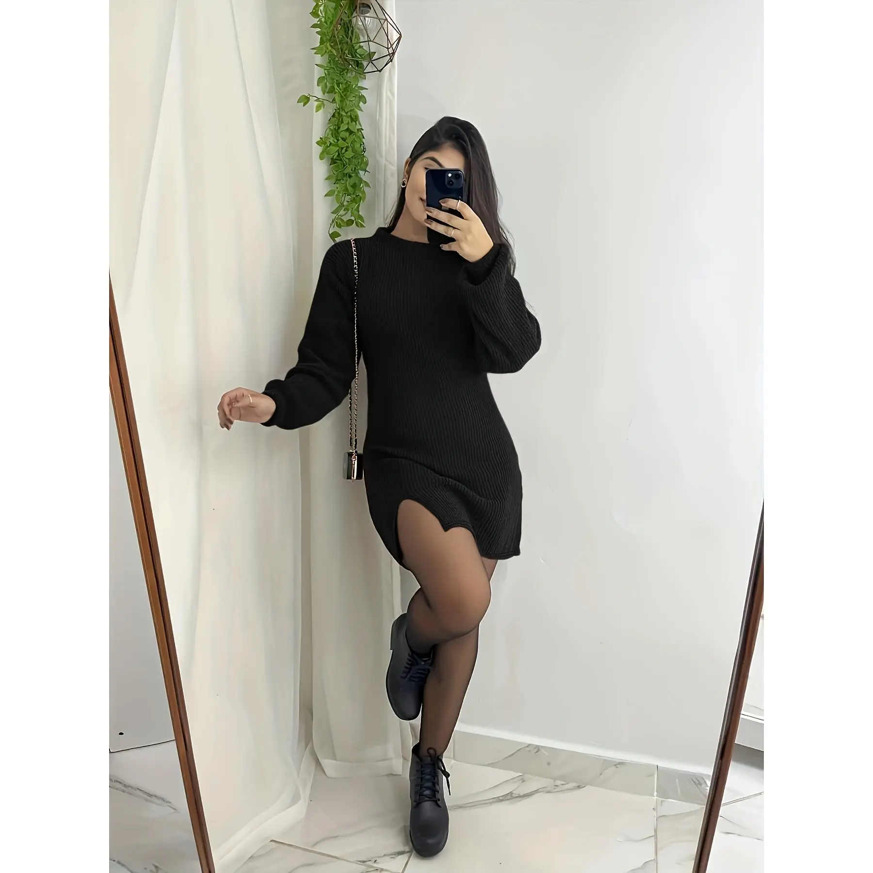 Women's Long Sleeve Sweater Dress, Chic Solid Color Crew Neck Knit Tunic for Casual Fall and Winter Wear,slip,hill,house,sun,summer,outfits,front,flowy,sundress,beautiful,,floral,bohemian,beach