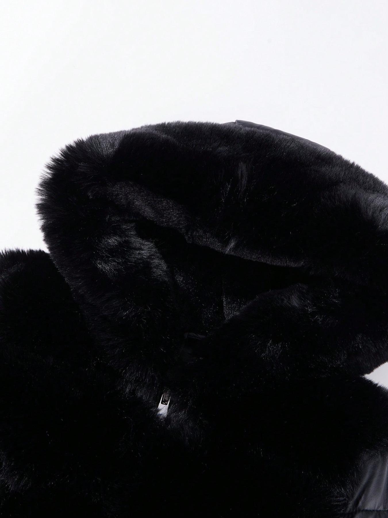 Women's Winter Long Hooded PU Cotton Coat, Elegant Fitted Warm Everyday Jacket with Belt, Vintage Plush Patchwork, Fall & Winter Outerwear