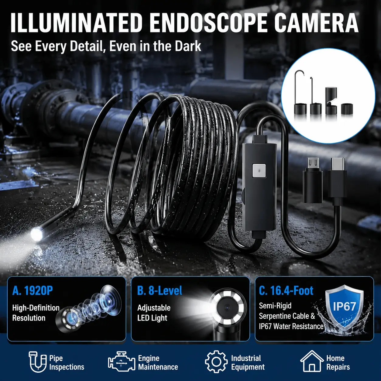 1920P HD Industrial Endoscope, IP67 Waterproof, 16.4ft Semi-Flexible Cable, 8-Level Adjustable LED, Compatible with Android iOS Windows, for Auto Engine AC Pipe Inspection, Dustproof Anti-Crush Precision Imaging Tool
