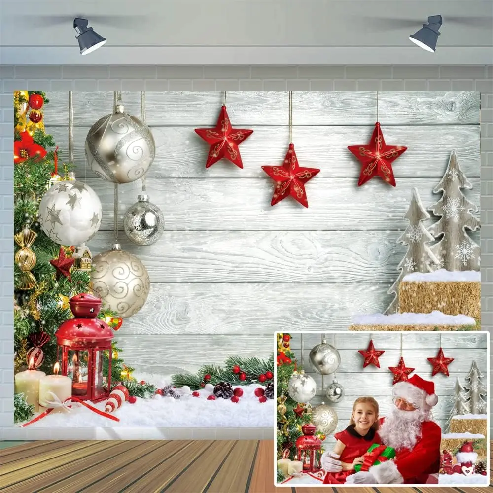 7X5FT Christmas Backdrop White  Floor Photography Backdrop Winter Snow Christmas Balls Xmas Tree  Family Party Photo Background  Year Party Banner Backdrop