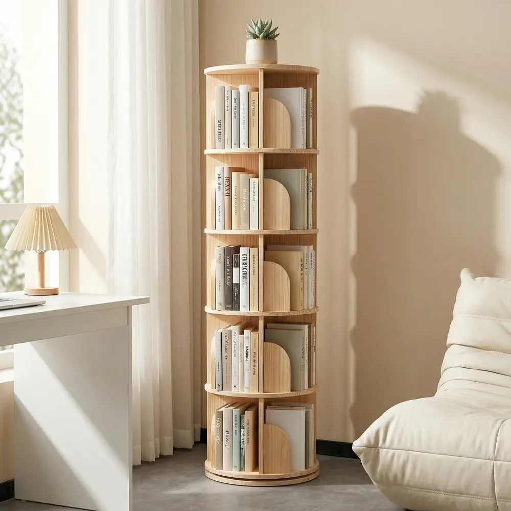5-Tier 360° Swivel Round Wooden Bookshelf Tower, Single Unit Tall Floor-Standing Storage Organizer with Multi-Level Display Rack, Space-Saving Corner Shelf for Living Room, Home Office, Natural Wood Finish