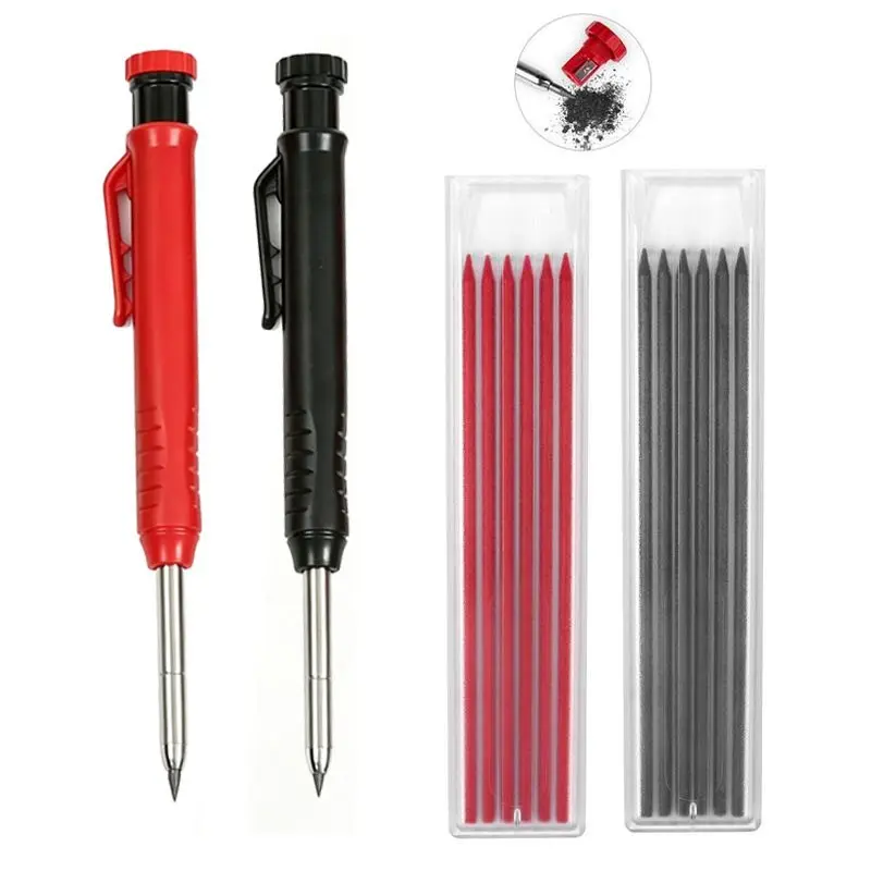 4-Piece Carpenter Pencil Set - 2 Pencils + 2 Refill Boxes (12 Leads) Professional Tool