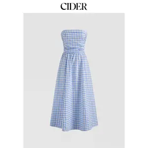 Cider [3 colors, size 0-26] Tube Gingham Ruffle Shirred Zipper Midi Dress Dealsforyou