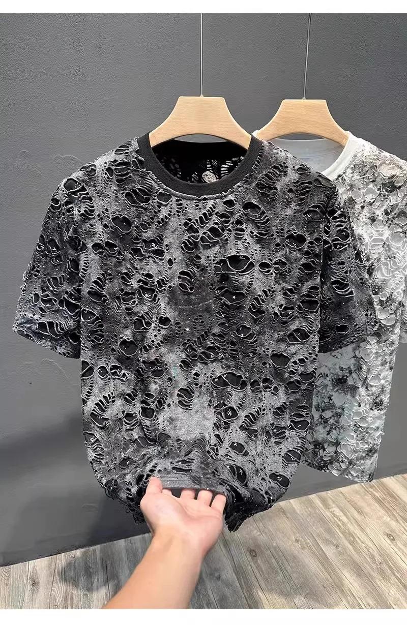 Summer 2026 Trendy Brand Men's T-shirt Loose Casual All-Match Tie-Dye Hole Design round Neck Short Sleeve Breathable