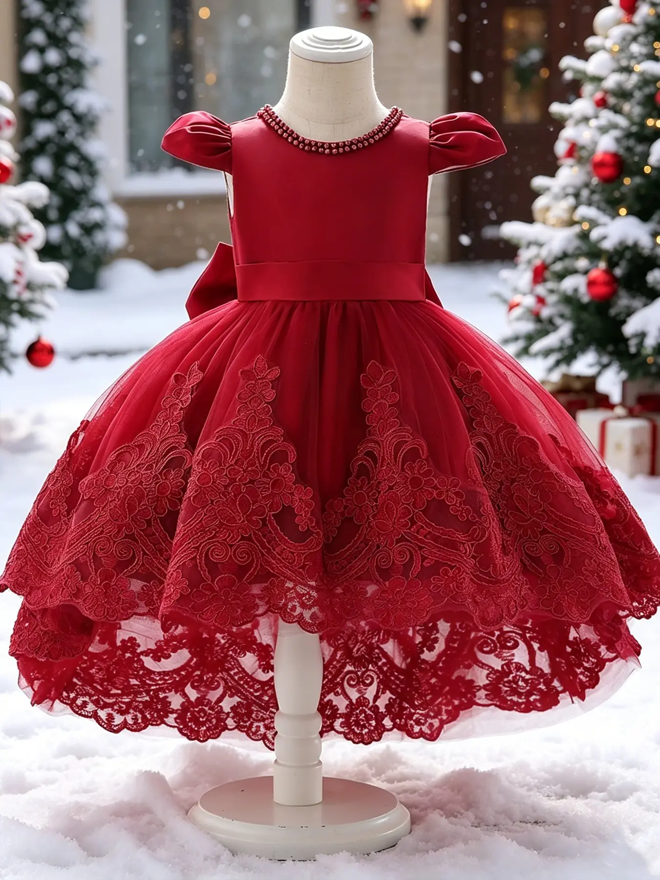 Girl's Appliques Big Bow Decor Party Dress, Elegant High Low Hem Satin Embroidered Tulle Tutu Dress for Party Performance Wedding Guest, Lovely Bow Dress, Kids Clothes for All Seasons