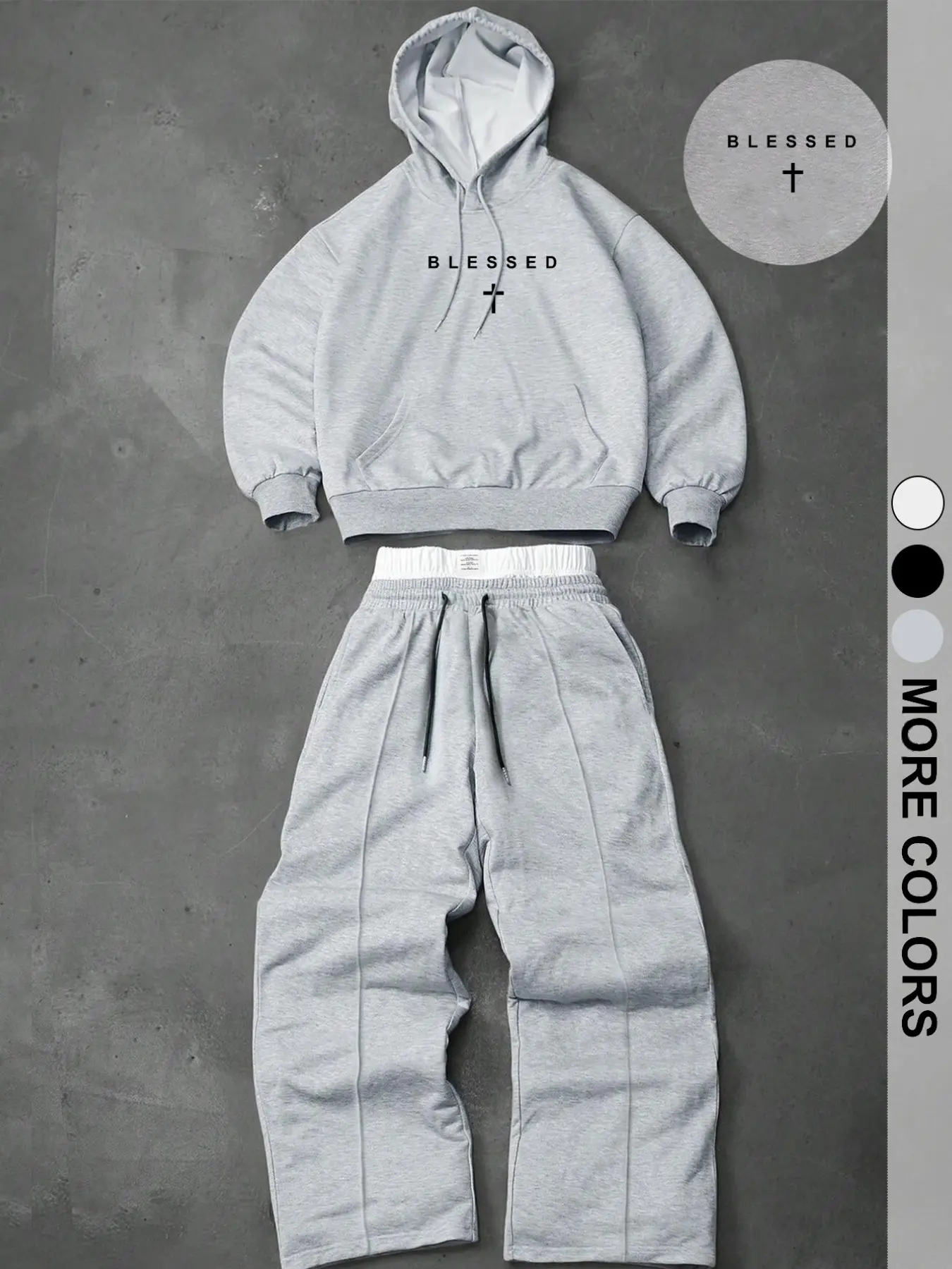 Men's American Minimalist Cross Blessed Letter Hoodie Sweatsuit Set for Casual Daily Wear and Commuting, Unisex Spring and Fall Knit