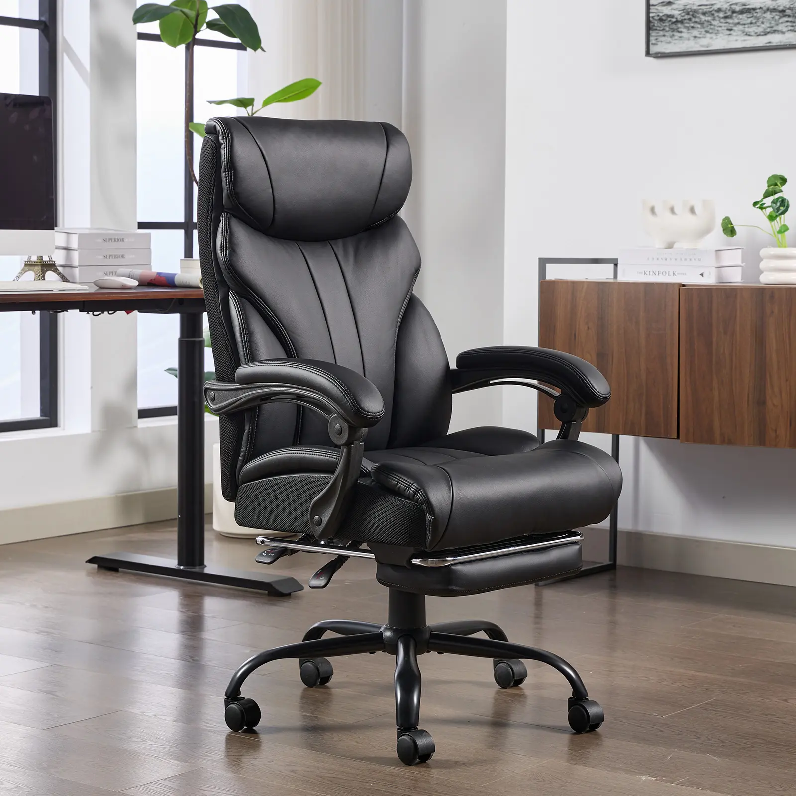 Garvee Big and Tall 500lbs Office Chair - Wide Ergonomic Executive Leather Computer Chair - 90-155° Recline - High Back Lumbar Support - Adjustable Turnover-up Armrests - Footrest - Comfortable Swivel Task Desk Chair for Home or Office Use