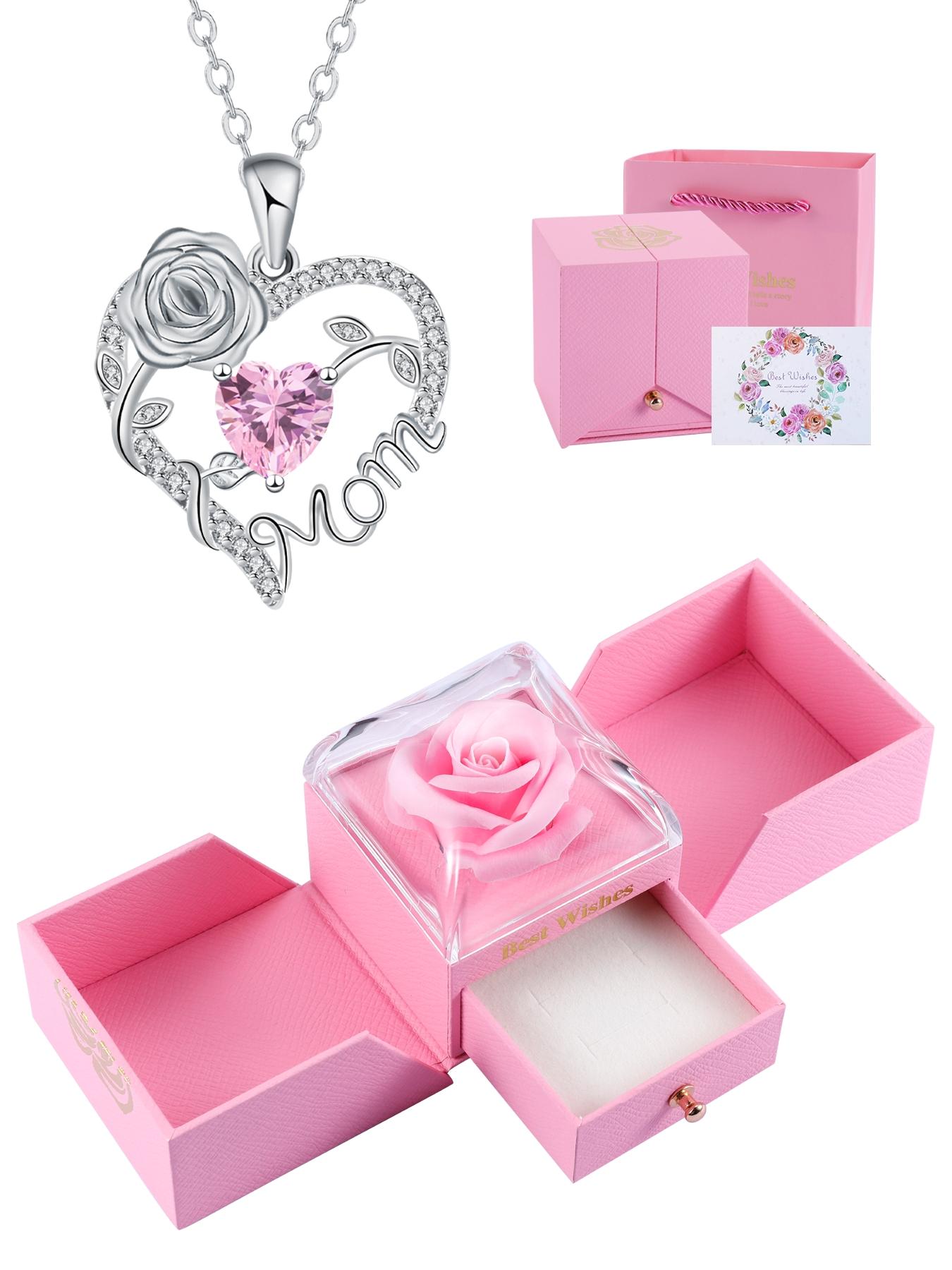 Rose Jewelry Gift Box With Heart Rose Mom Pendant Necklace, High End Necklace for Mama Grandma, Perfect for Mother's Day Gift Christmas Gift