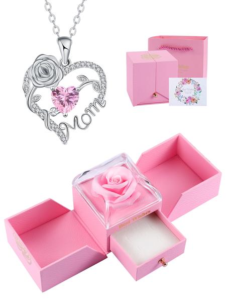 Rose Jewelry Gift Box With Heart Rose Mom Pendant Necklace, High End Necklace for Mama Grandma, Perfect for Mother's Day Gift Christmas Gift
