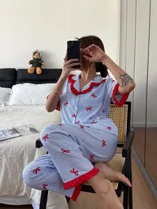 Summer 2-Piece Women's Pajama Set, Classic Striped Floral Leaf Edge Short Sleeve Long Pants Sleepwear, Comfortable Loose Fit Home Wear