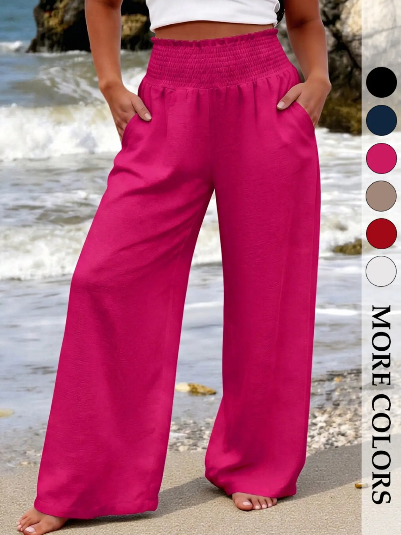 Plus Size Oversize Women’s Solid Color Chiffon Straight Leg Pants, Loose Fit Baggy Casual Trousers with Pockets, Smocked Elastic Waist Beach Vacation Bottoms，Suitable For Work And Daily Wear，Smocked Elastic Waist Work Daily Bottoms for Spring Fall