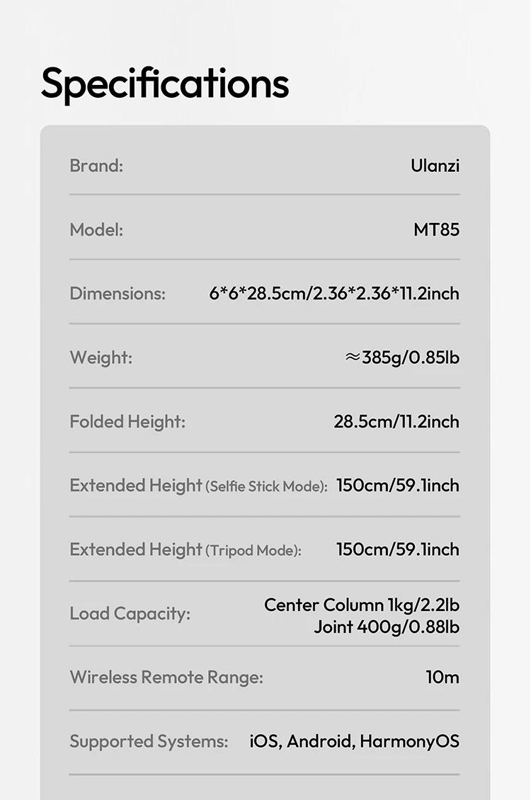 Ulanzi MT85 Smartphone Selfie Stick Phone Automatic Tripod Stand 1.5M With Bluetooth Controller 10M Wireless Magsafe Quadruped