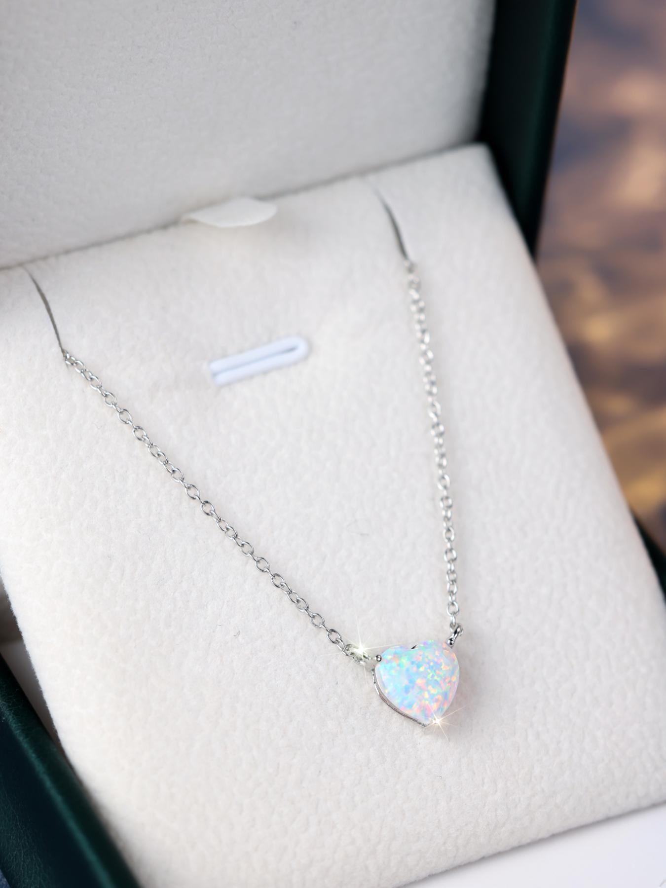 S925 Sterling Silver Heart Shaped Faux Opal Pendant Love Heart Necklace with Box, Fashion Jewelry for Party, Daily Decor, Trendy All-match & Exquisite Jewelry for Birthday Gift