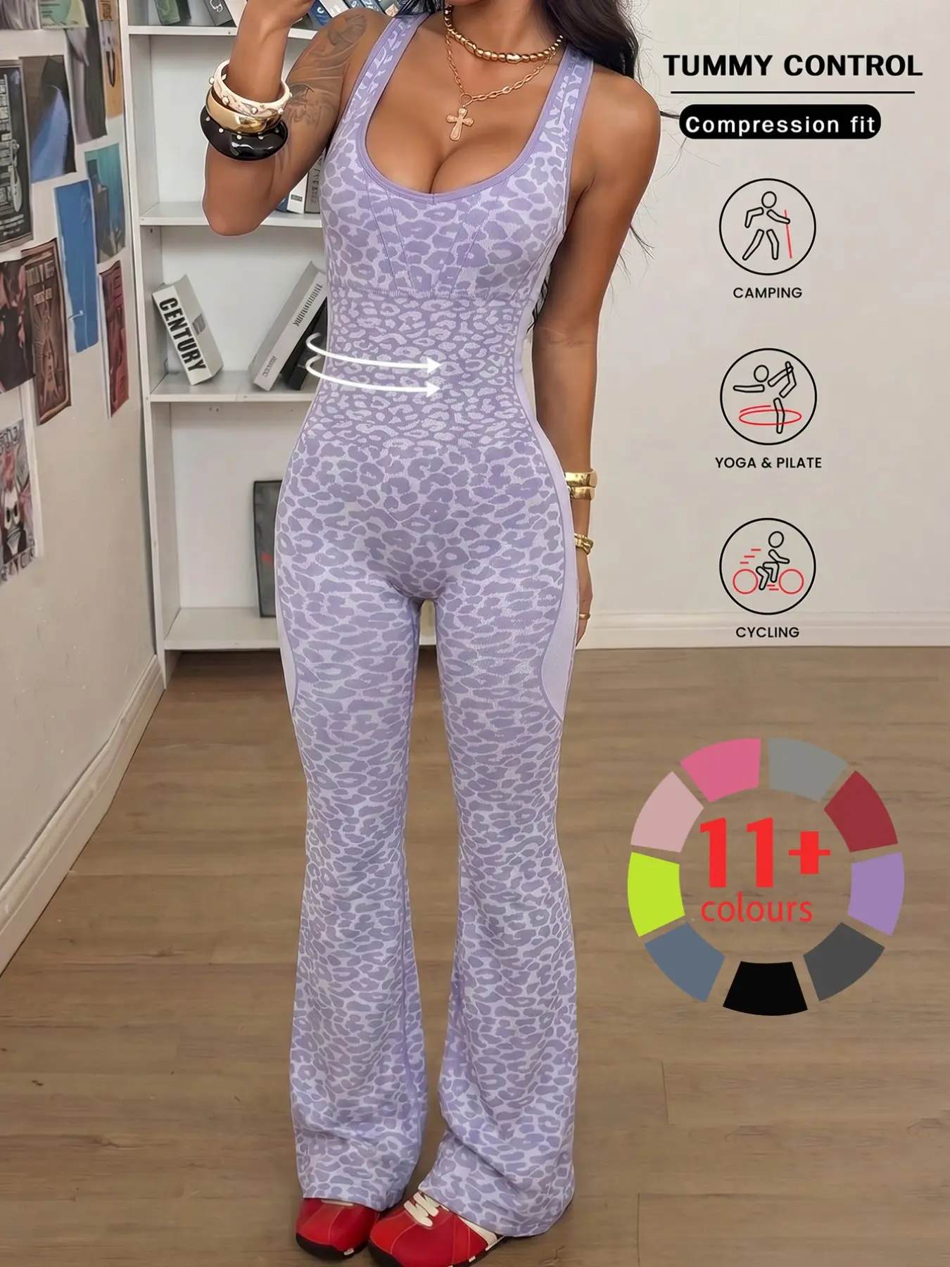 Leopard Print Micro Flare Jumpsuit, Workout Fitness Jumpsuit, Workout Jumpsuits, Seamless Back, Hollow Out Cross Straps, High Waist, Tummy Control, Peach Butt, Yoga Workout Pants for Women