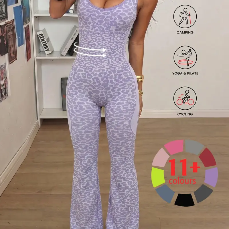 Leopard Print Micro Flare Jumpsuit, Workout Fitness Jumpsuit, Workout Jumpsuits, Seamless Back, Hollow Out Cross Straps, High Waist, Tummy Control, Peach Butt, Yoga Workout Pants for Women