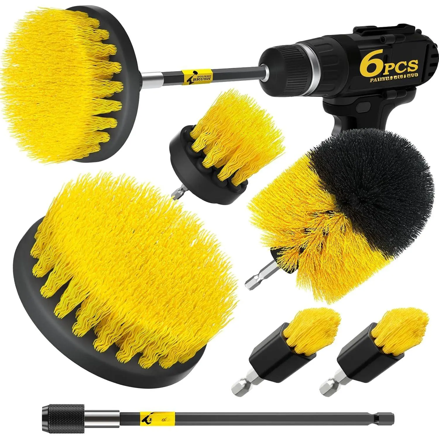 6-Count Soft Bristle Drill Brush Set with Extension, 5 Sizes Yellow Nylon Fibers Power Attachments for Car Interior, Tile & Kitchen Cleaning (Automotive & Home Maintenance Accessory)