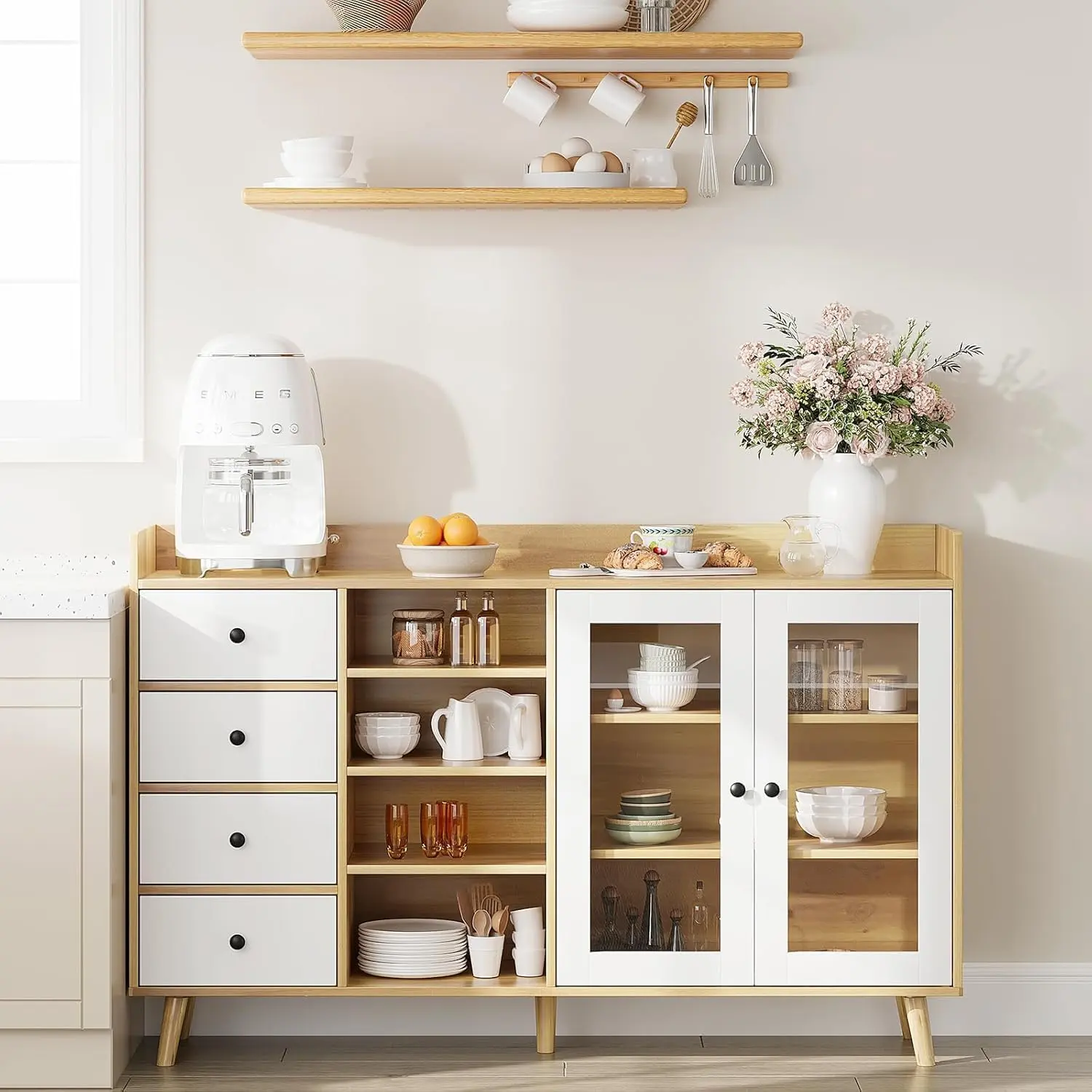 55" Modern Kitchen Buffet Cabinet with Glass Doors & 4 Storage Drawers