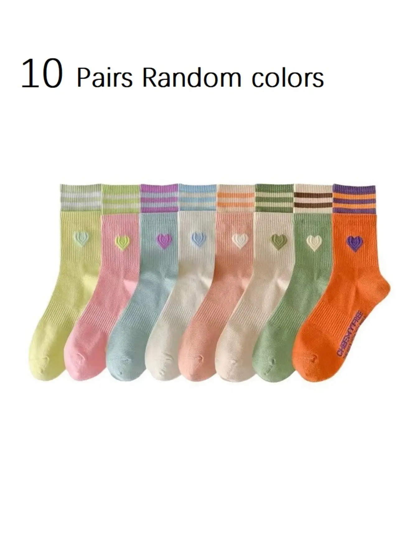 10 Pairs Multicolor Fake Two-Piece Socks, Spring Fall Mid-Calf Socks, Trendy Striped Heart Patchwork, Random Colors, Casual Wear