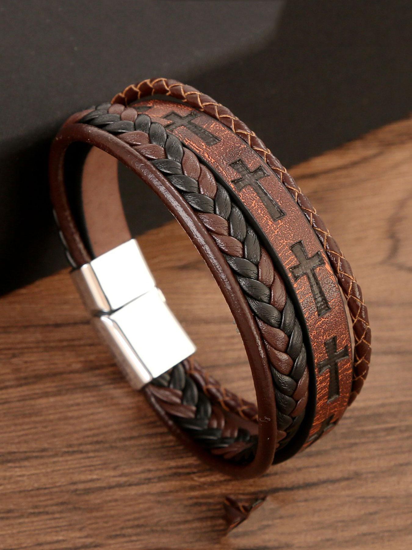 Men's Vintage Cross Design Braided Leather Bracelet, Street Style Party Jewelry Accessories, Daily Clothing Decor, Birthday Holiday Gift