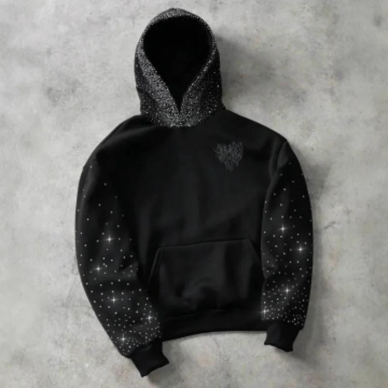Kyn Apparel Rhinestone Embellished Hoodie Men Women Gothic Embroidery Sparkle Sleeve & Hood Pullover Fall Y2K Streetwear