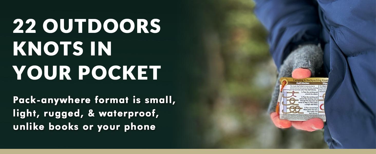 Outdoor Knots Pocket Guide-Waterproof Knot Tying Cards with Mini Carabiner, 22 Rope Knots for Camping, Backpacking, Scouting and Bushcraft