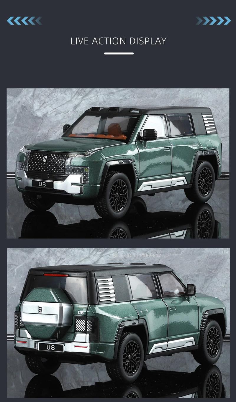 1:24 BYD Wuling U8 Model SUV Car Toy Alloy Die-cast Pull-back 6 Doors Openable Sound Light Off-road Vehicle Boy Gift