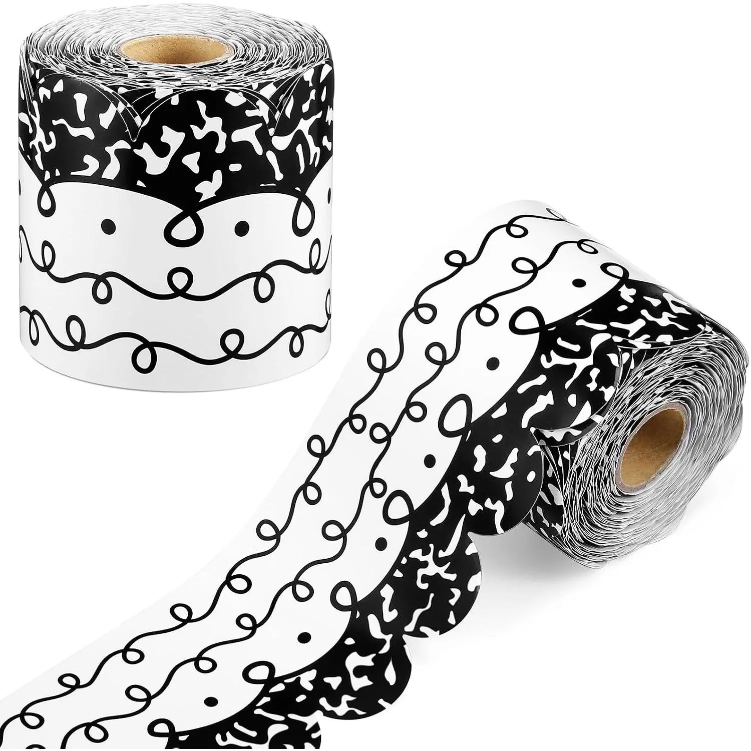 68.9ft Coated Paper Bulletin Board Border, Black White Squiggles & Stripes Scalloped Trim Roll, Cuttable DIY-Friendly for Classroom Chalkboard School Teachers Wall Decoration