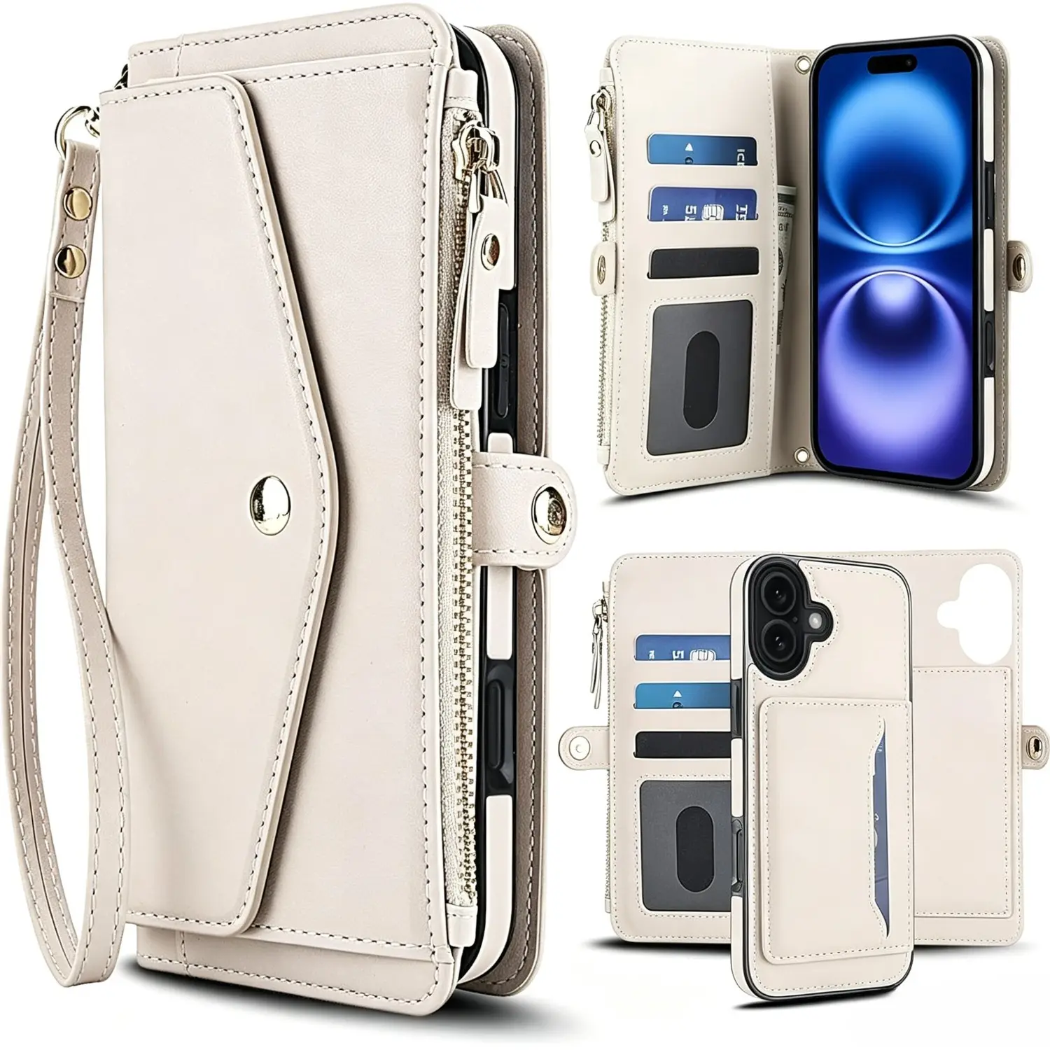 iPhone 18 Pro Max 17 Pro 16 Pro Max 15 14 13 12 Wallet Case PU Leather, Card Slots Zipper Pocket Kickstand, Wrist Strap & Crossbody Lanyard, Shockproof Protective Phone Cover
