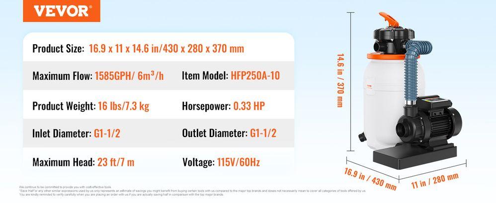 VEVOR Sand Pump for Above Ground Pools, 10-inch, 1585 GPH, 0.33 HP Swimming Pool Pumps System & Filters Combo Set with 5-Way Multi-Port Valve & Pressure Gauge, for Domestic and Commercial Pools