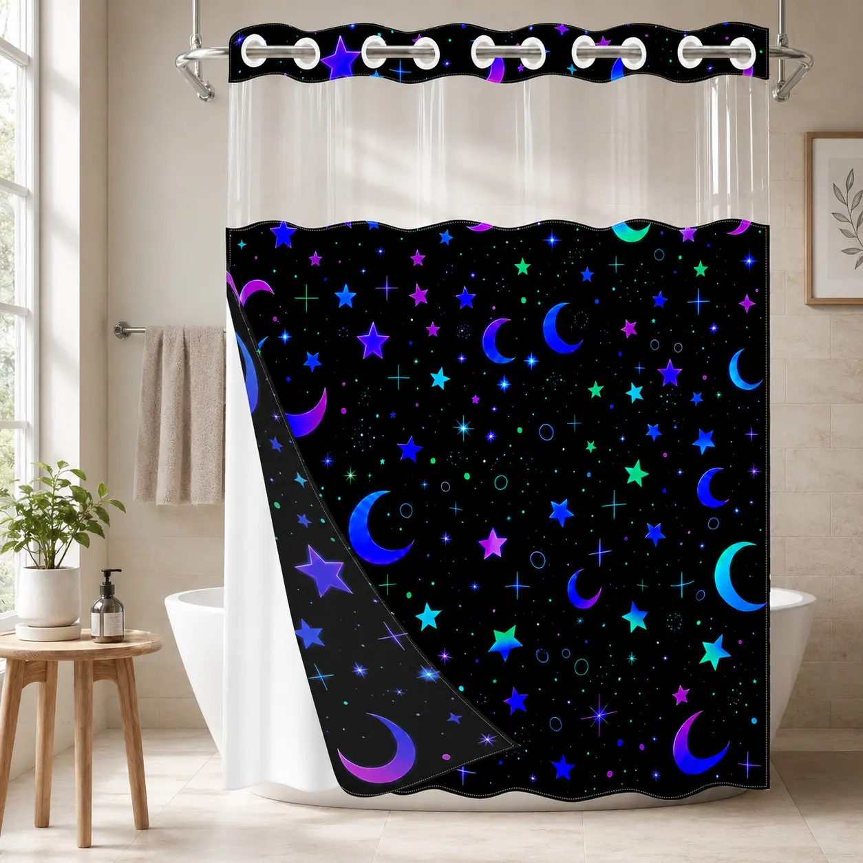 1 Pc 71x74 Inch Hookless Double Layer Shower Curtain with Snap-in Liner, Neon Moon Star Galaxy Print, Waterproof & Mold Resistant Bath Curtain with Mesh Top Window, Y2K Night Sky Bathroom Decor for Apartment Home Hotel Dorm